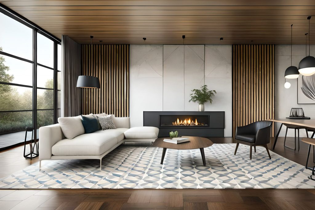 modern living room with fireplace salon moderne rénové